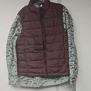 Burgundy Puffer Vest with Camo Long Sleeve